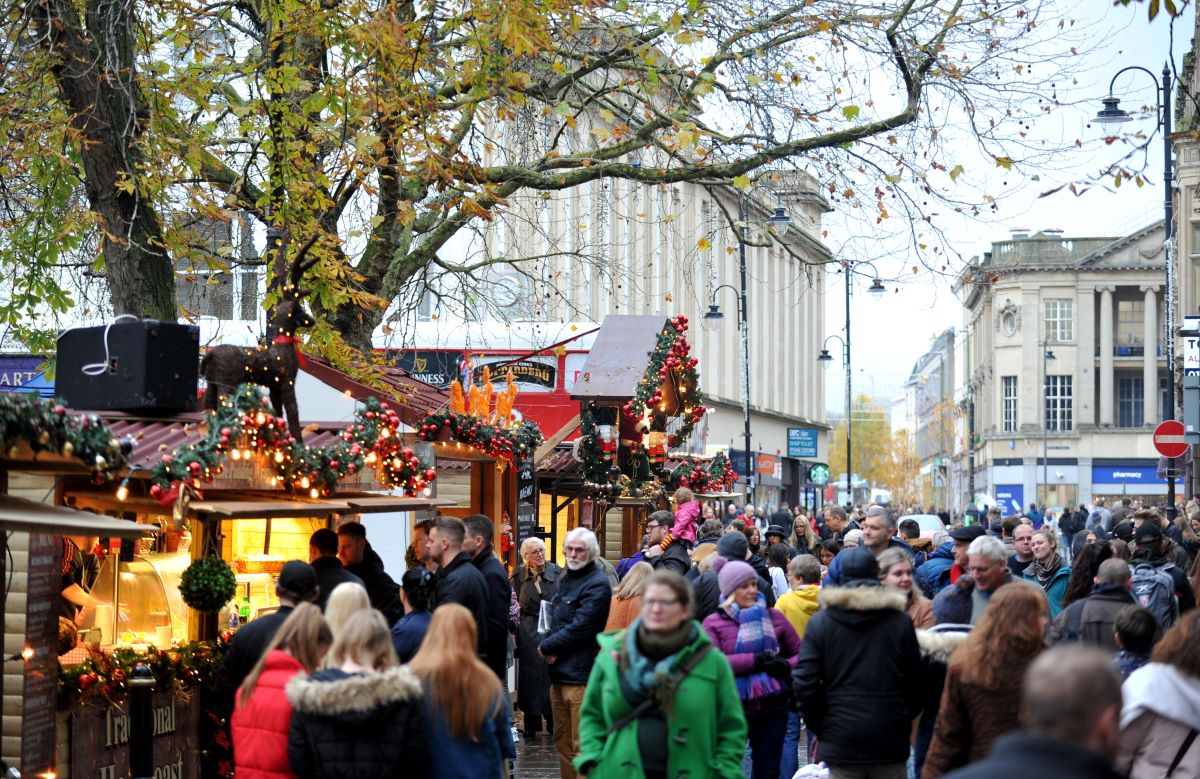 Christmas market stalls in daylight